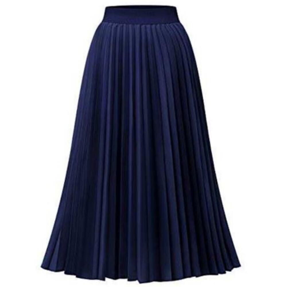 NWT Grace Karin Pleated Long High Waisted Chiffon Skirt Flare Navy Blue X Large